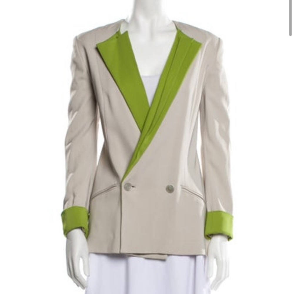 Pamella Roland cream and lime green silk blend blazer size 4 MK